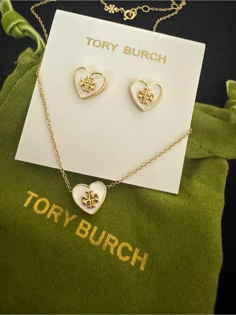 Tory Burch Gold and White Heart Logo Necklace with Matching Studs